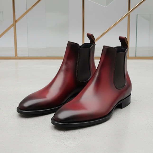 Handmade Burgundy Leather Chelsea Boots | Goodyear Welted | Men's Handmade Genuine Leather Chelsea Boots