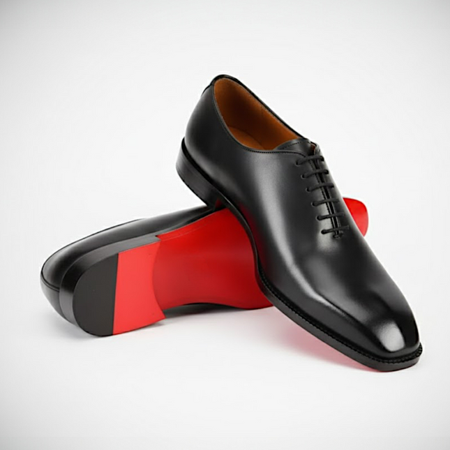 Handmade Men's Black Leather Wholecut Oxford Shoes with Red Bottoms