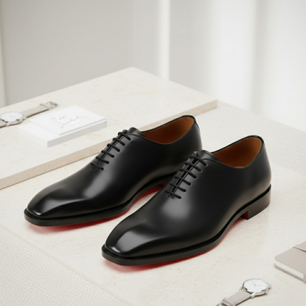 Handmade Men's Black Leather Wholecut Oxford Shoes with Red Bottoms