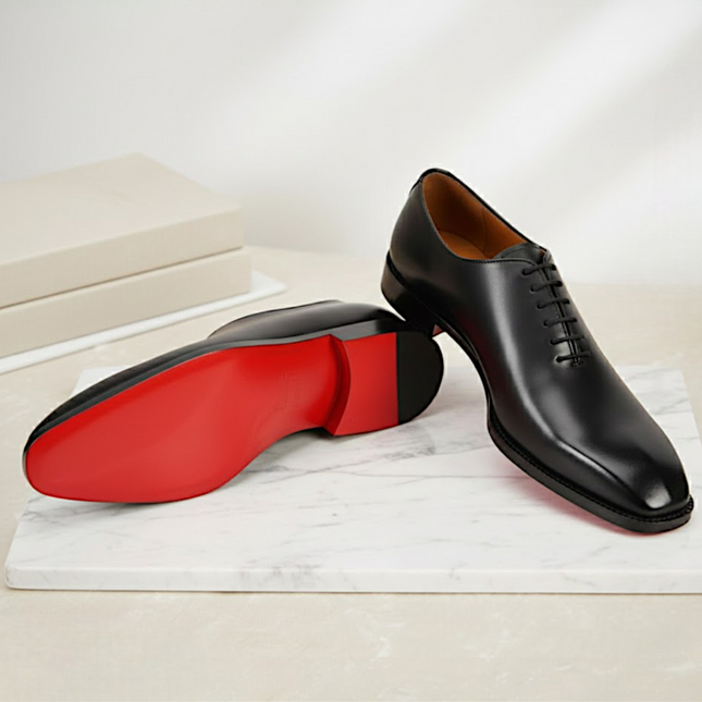 Handmade Men's Black Leather Wholecut Oxford Shoes with Red Bottoms