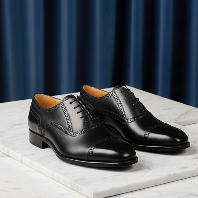 Handmade Men's Leather Oxford Brogue Shoes - Premium Formal Cap Toe Dress Shoes