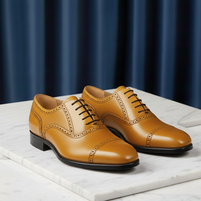 Handmade Men's Leather Oxford Brogue Shoes - Premium Formal Cap Toe Dress Shoes