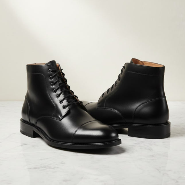 Handmade Men's Cap Toe Black Leather Ankle High Boots
