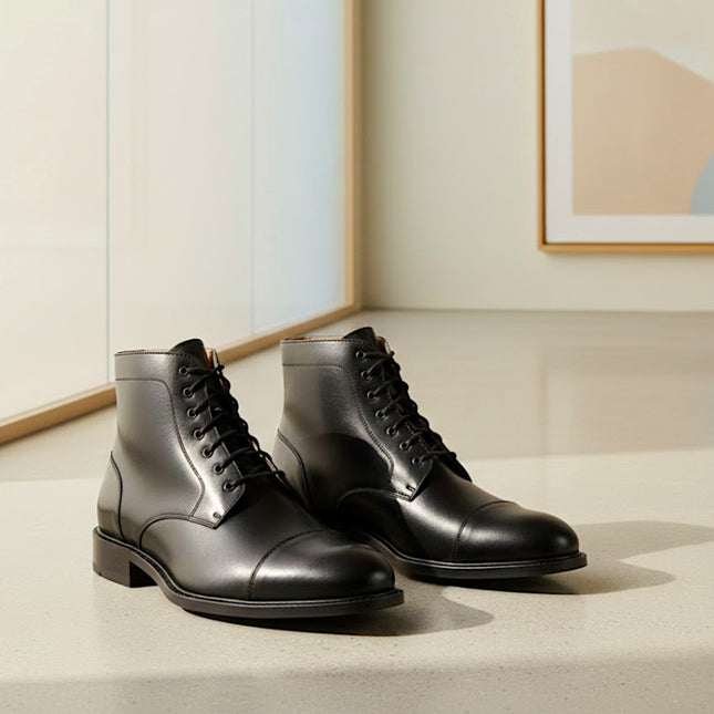 Handmade Men's Cap Toe Black Leather Ankle High Boots