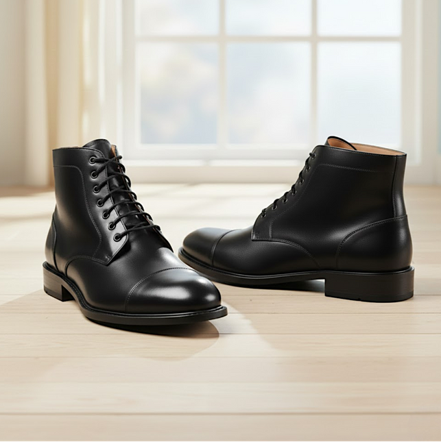 Handmade Men's Cap Toe Black Leather Ankle High Boots