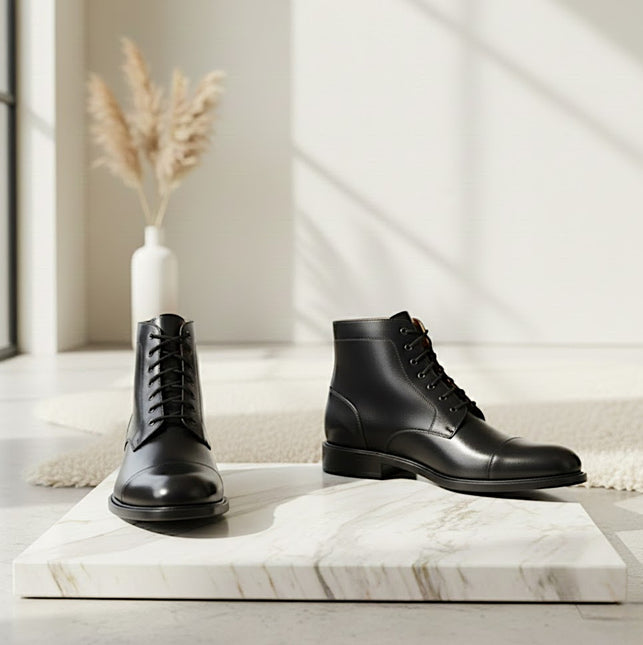 Handmade Men's Cap Toe Black Leather Ankle High Boots