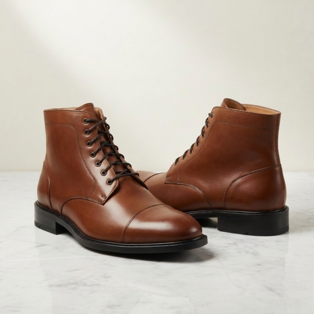 Handmade Men's Cap Toe Black Leather Ankle High Boots