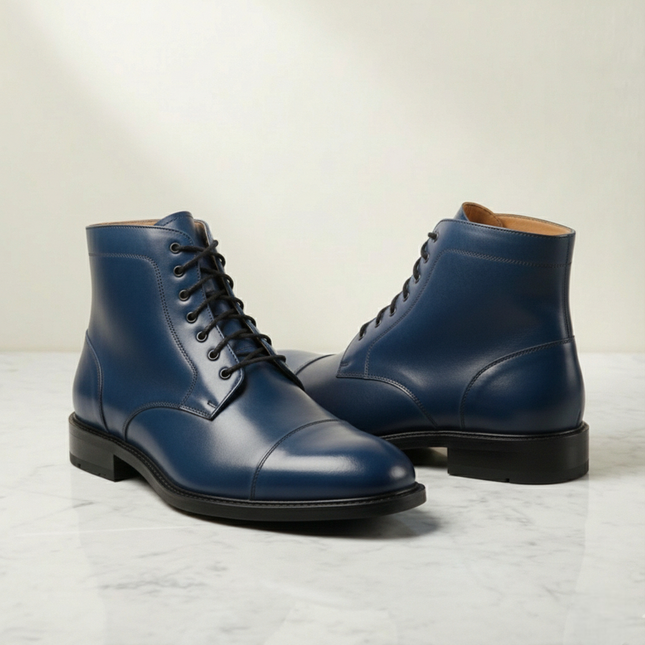 Handmade Men's Cap Toe Black Leather Ankle High Boots
