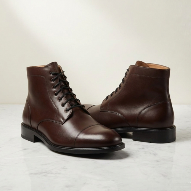 Handmade Men's Cap Toe Black Leather Ankle High Boots