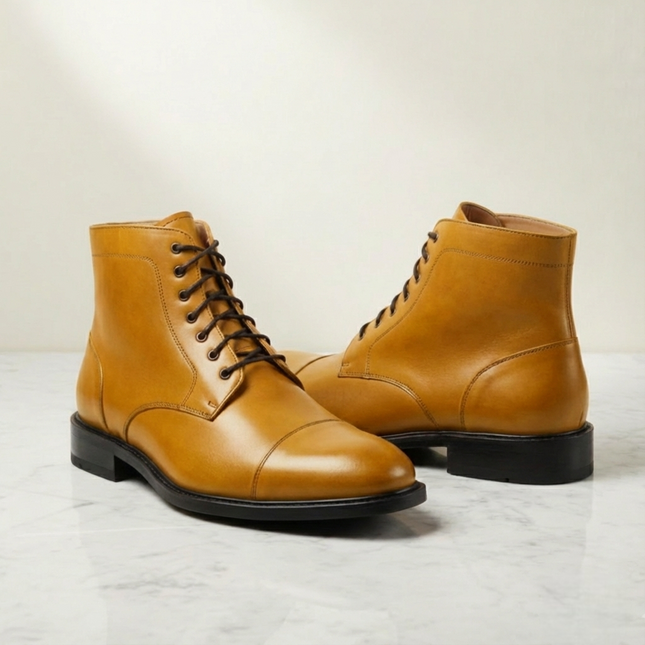 Handmade Men's Cap Toe Black Leather Ankle High Boots