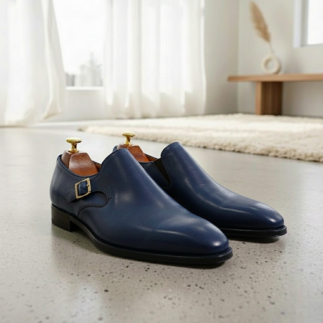 Handmade Yellow Mustard Calf Leather Monk Strap Shoes