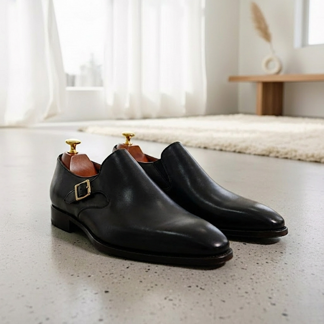 Handmade Yellow Mustard Calf Leather Monk Strap Shoes