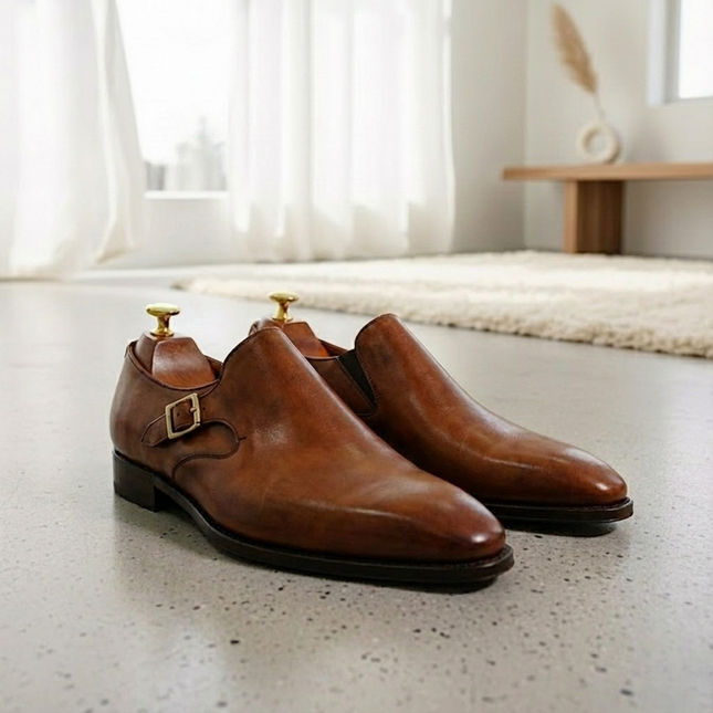 Handmade Yellow Mustard Calf Leather Monk Strap Shoes