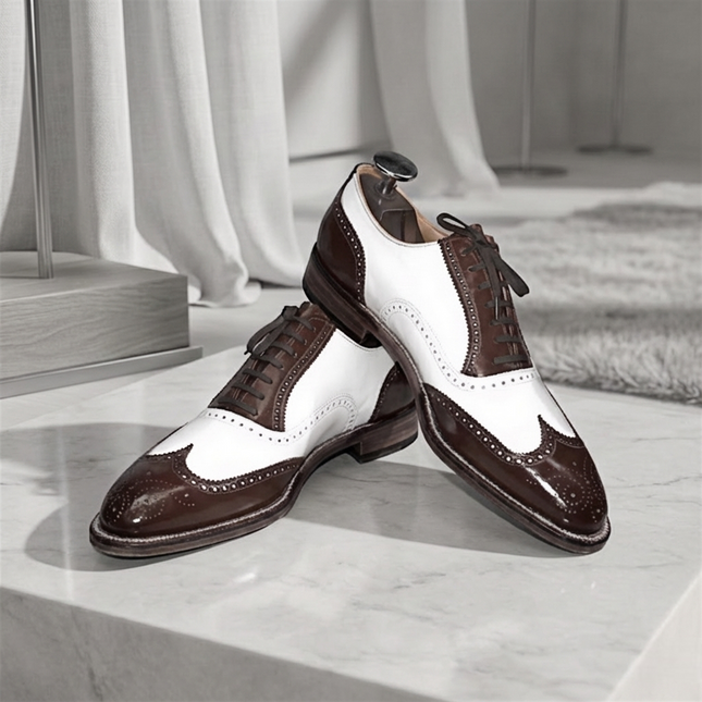 Men's Handmade Two-Tone Wingtip Leather Brogue Oxford Lace up Dress Shoes