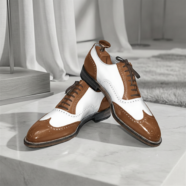 Men's Handmade Two-Tone Wingtip Leather Brogue Oxford Lace up Dress Shoes