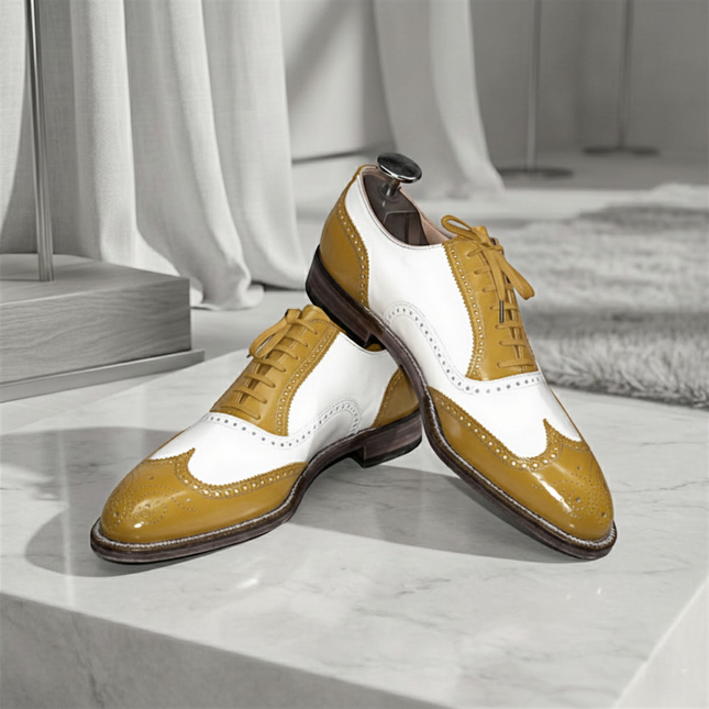 Men's Handmade Two-Tone Wingtip Leather Brogue Oxford Lace up Dress Shoes