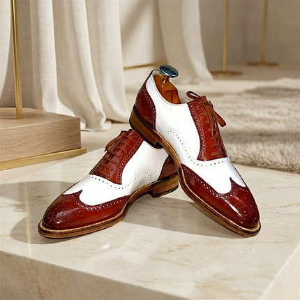Men's Handmade Two-Tone Wingtip Leather Brogue Oxford Lace up Dress Shoes