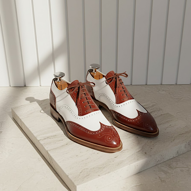 Men's Handmade Two-Tone Wingtip Leather Brogue Oxford Lace up Dress Shoes