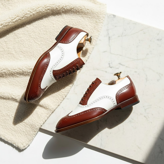 Men's Handmade Two-Tone Wingtip Leather Brogue Oxford Lace up Dress Shoes