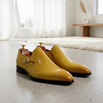 Handmade Yellow Mustard Calf Leather Monk Strap Shoes