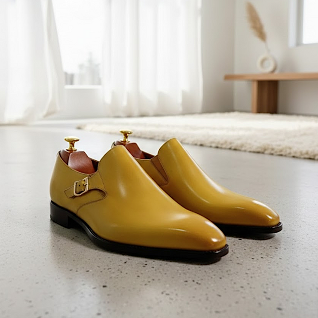 Handmade Yellow Mustard Calf Leather Monk Strap Shoes