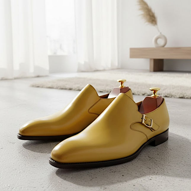 Handmade Yellow Mustard Calf Leather Monk Strap Shoes