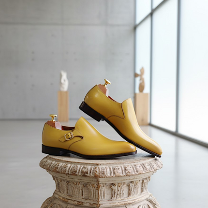 Handmade Yellow Mustard Calf Leather Monk Strap Shoes