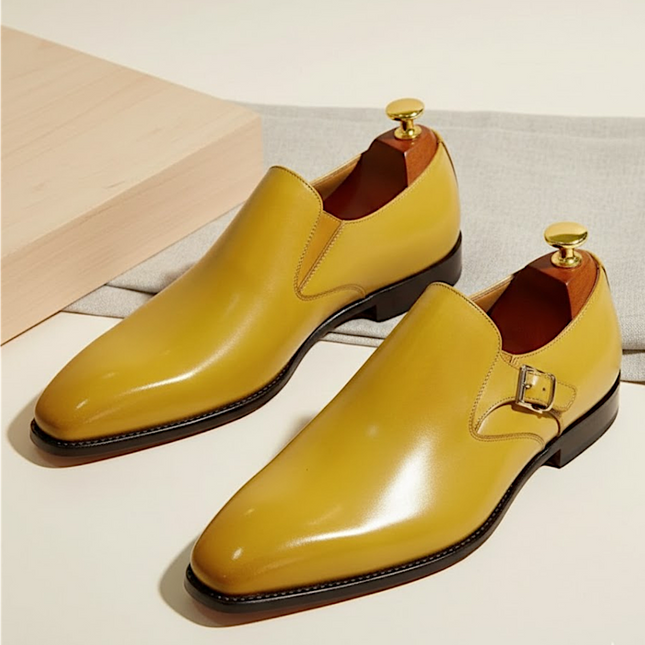 Handmade Yellow Mustard Calf Leather Monk Strap Shoes