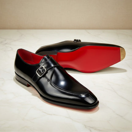 Handmade Christian Louboutin Loafer Monk Strap Leather Shoe with Red Sole & Metal Toe Taps