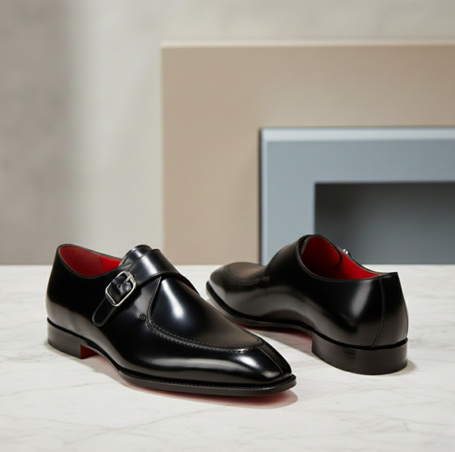 Handmade Christian Louboutin Loafer Monk Strap Leather Shoe with Red Sole & Metal Toe Taps