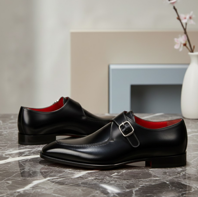 Handmade Christian Louboutin Loafer Monk Strap Leather Shoe with Red Sole & Metal Toe Taps