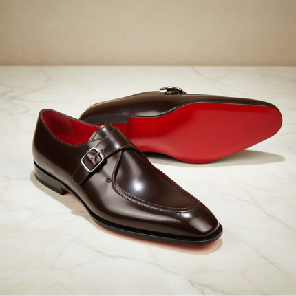 Handmade Christian Louboutin Loafer Monk Strap Leather Shoe with Red Sole & Metal Toe Taps