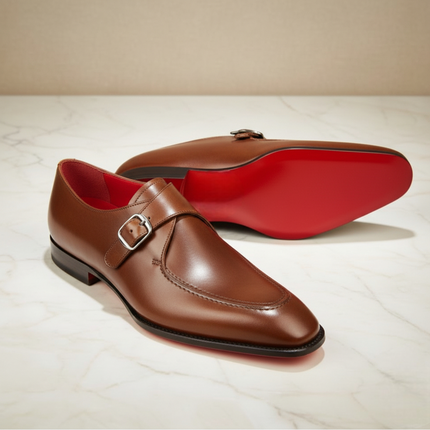 Handmade Christian Louboutin Loafer Monk Strap Leather Shoe with Red Sole & Metal Toe Taps