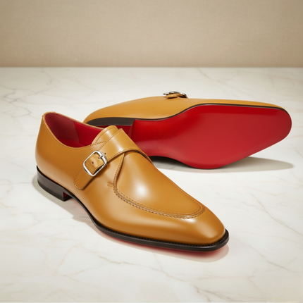 Handmade Christian Louboutin Loafer Monk Strap Leather Shoe with Red Sole & Metal Toe Taps